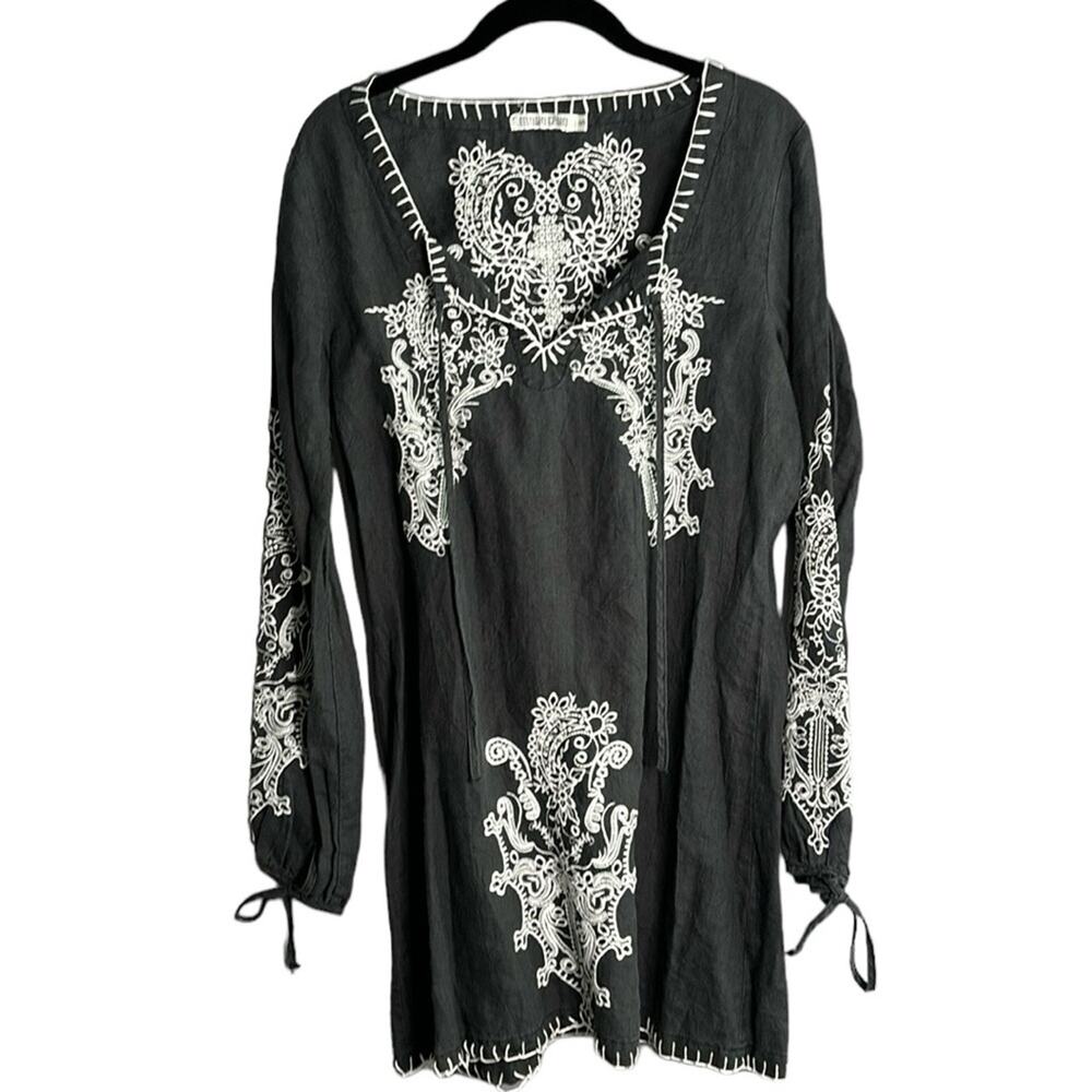 Monoreno Black White Long Sleeve Tunic Knee Length Embroidered Dress Small